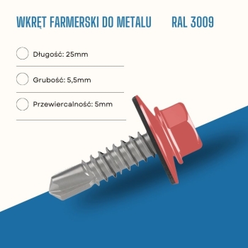 Wkręt farmerski do metalu 5,5X25 mm przewiercalność 5 mm w kolorze RAL 3009